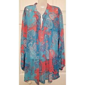 Susan Graver Women's Top Plus Size 2X Sheer Vibrant Paisley V-Neck Long Sleeve